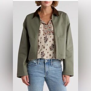 NWT Lucky Brand szM Olive Green Utility Barn Jacket w/Dark Brown Corduroy Collar